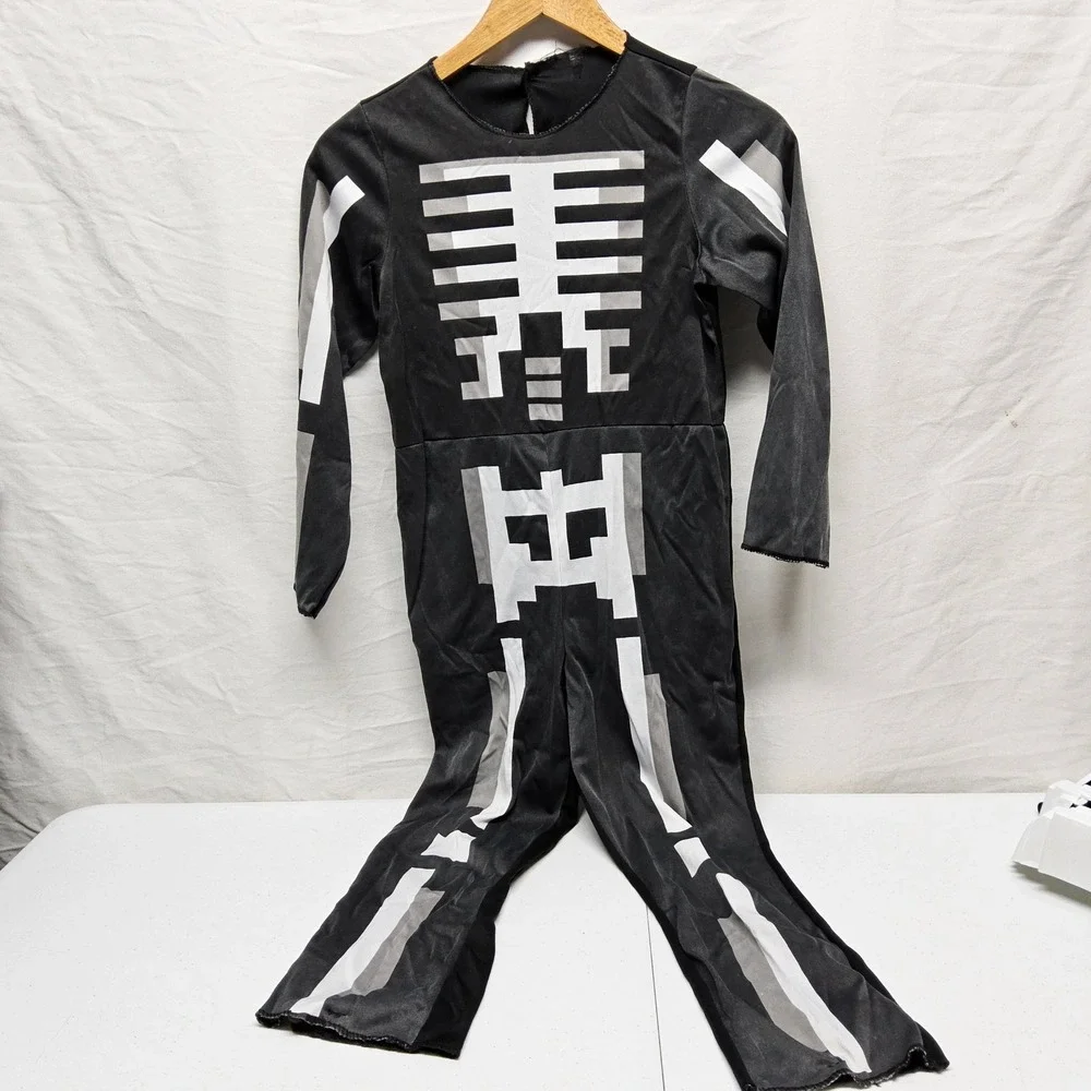 Minecraft Skeleton Costume Kids Medium Black Pixelated Jumpsuit Mask